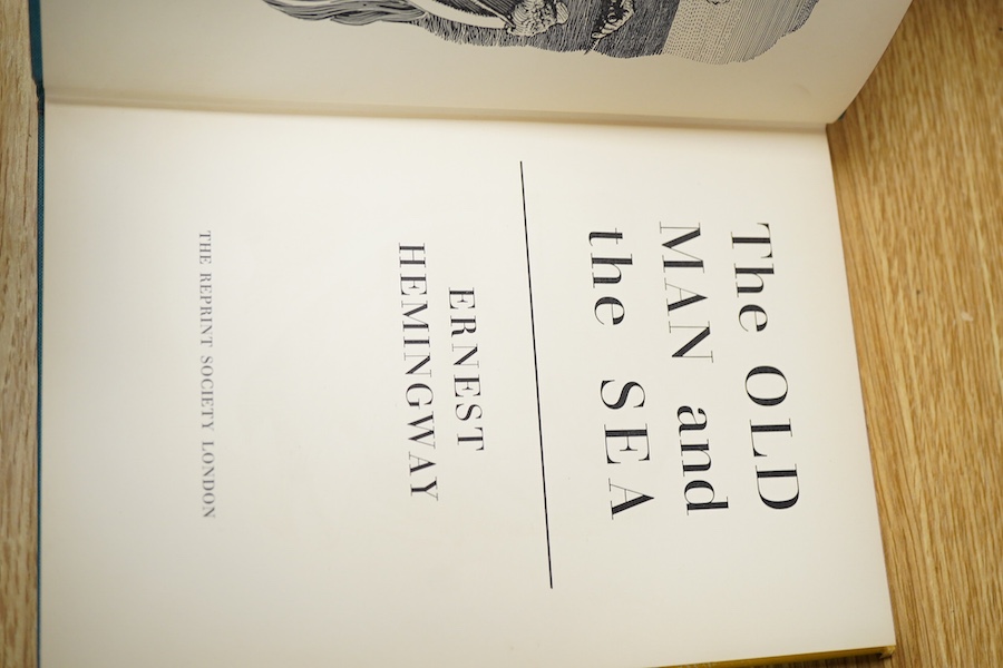 Three various books, Tree tops by Jim Corbett, Jesus of Nazareth by Joy Harington and The Old Man and the Sea by Ernest Hemingway, each autographed